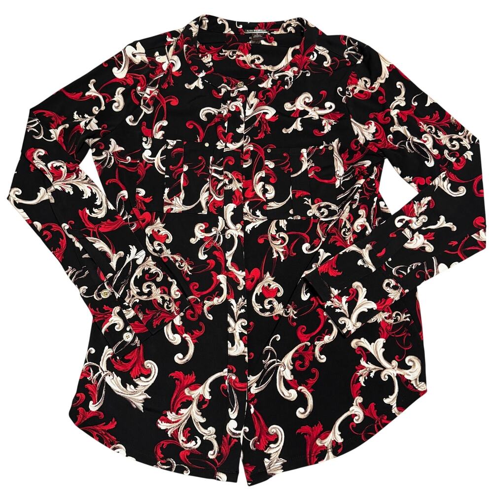 Dana Buchman Womens Small Red Black Baroque Filigree Scroll Print Blouse